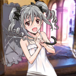 Rule 34 | 10s, 1girl, :d, bare shoulders, blush, drill hair, highres, idolmaster, idolmaster cinderella girls, kanzaki ranko, looking at viewer, open mouth, red eyes, silver hair, smile, solo, suzuki24, twin drills, twintails, umbrella