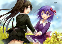 Rule 34 | 2girls, absurdres, black hair, black ribbon, black skirt, blue eyes, dress, efe, eye contact, fate/stay night, fate/zero, fate (series), hair ribbon, highres, holding hands, long hair, looking at another, matou sakura, multiple girls, open mouth, outdoors, pleated skirt, purple dress, purple eyes, purple hair, red ribbon, ribbon, siblings, sisters, skirt, tohsaka rin, twintails