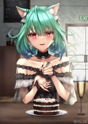 Rule 34 | 1girl, absurdres, animal ears, aqua hair, artist name, bare shoulders, black dress, blush, breasts, cafe, cake, cat ears, coffee maker, collarbone, commentary, cup, dated commentary, door, dress, drinking glass, exit sign, food, glass, hair ornament, hair ribbon, hairclip, highres, hololive, long hair, looking at viewer, menu board, misa pika, open mouth, plate, red eyes, ribbon, sitting, small breasts, smile, solo, teeth, twitter username, upper body, upper teeth only, uruha rushia, uruha rushia (3rd costume), virtual youtuber, white wine, wine glass