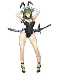 Rule 34 | 1girl, :o, absurdres, animal ears, armpits, arms up, bad id, bad pixiv id, bare legs, bare shoulders, blue eyes, bow, bowtie, breasts, cleavage, detached collar, fake animal ears, fishnet pantyhose, fishnets, glasses, gloves, green hair, highres, katana, large breasts, leotard, long hair, long legs, looking at viewer, nakabayashi reimei, one eye closed, pantyhose, phantasy star, phantasy star online 2, playboy bunny, rabbit ears, red-framed eyewear, semi-rimless eyewear, simple background, solo, sword, under-rim eyewear, weapon, white background, white gloves, wrist cuffs