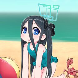 Rule 34 | 1girl, all fours, alternate costume, anger vein, aris (blue archive), ball, beach, beachball, black hair, blue archive, blue eyes, blue sky, child, commentary, crab, day, flat chest, green halo, green one-piece swimsuit, hair between eyes, halo, highres, kionant, long hair, long hair between eyes, looking at viewer, ocean, one-piece swimsuit, outdoors, side ponytail, sky, swimsuit, very long hair