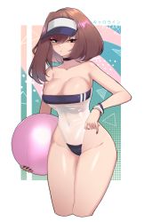 Rule 34 | 1girl, absurdres, artist name, ball, bare shoulders, beachball, black eyes, black nails, bracelet, breasts, brown hair, choker, cleavage, collarbone, covered navel, gris swimsuit, highres, holding, holding ball, holding beachball, jewelry, large breasts, looking at viewer, medium hair, meme attire, nail polish, original, psidubs, solo, translated