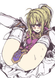 Rule 34 | 1girl, belt, blonde hair, blush, boots, branch (blackrabbits), clarine, clenched teeth, dress, fire emblem, fire emblem: the binding blade, fire emblem heroes, folded, knees to chest, legs up, long hair, lying, nintendo, on back, panties, ponytail, purple eyes, simple background, solo, spread legs, sweat, tears, teeth, thigh boots, thighhighs, underwear, white background, white panties, white thighhighs