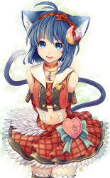 Rule 34 | 1girl, :d, absurdres, ahoge, animal ears, bad id, bad pixiv id, blue eyes, blue hair, bow, cat ears, cat tail, choker, crescent, crescent hair ornament, crescent necklace, elbow gloves, fangs, frills, gloves, hair ornament, hairband, heart, highres, jewelry, kemonomimi mode, looking at viewer, midriff, navel, necklace, open mouth, plaid, plaid skirt, red choker, red skirt, rena lanford, skirt, smile, solo, standing, star ocean, star ocean anamnesis, suspenders, tail