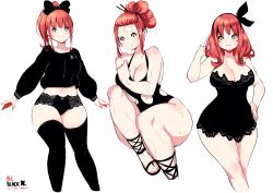 Rule 34 | 1girl, black dress, black footwear, black one-piece swimsuit, black panties, black sweater, black thighhighs, blush, breasts, cleavage, clothing cutout, dress, feet out of frame, hair bun, highres, kenron toqueen, knees up, large breasts, lingerie, long hair, multiple views, navel, navel cutout, no nose, one-piece swimsuit, original, panties, ponytail, red hair, sandals, signature, simple background, single hair bun, sitting, smile, standing, sweater, swimsuit, thick thighs, thighhighs, thighs, tomatita, underwear, wet, white background