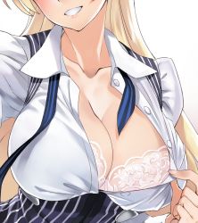 Rule 34 | 1girl, arm up, blonde hair, blush, bra, breast focus, breasts, cleavage, collarbone, commentary request, facing viewer, fingernails, grin, head out of frame, large breasts, lips, long hair, matsuryuu, mayuri mariani, open mouth, original, pinstripe pattern, simple background, smile, solo, striped, underwear, upper body, white background, white bra, wing collar