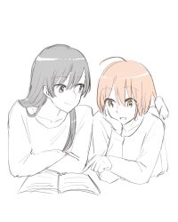 Rule 34 | 2girls, black hair, blue eyes, book, commentary request, crossed arms, highres, index finger raised, koito yuu, long hair, long sleeves, looking at another, lying, multiple girls, nanami touko, nyamo, on stomach, open book, orange hair, partial commentary, partially colored, pointing, short hair, white background, yagate kimi ni naru, yellow eyes