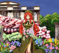 Rule 34 | 1girl, bad id, bad pixiv id, braid, breasts, china dress, chinese clothes, dress, embodiment of scarlet devil, female focus, flower, garden, hat, hong meiling, large breasts, long hair, red eyes, red hair, shibasaki shouji, side slit, solo, touhou, twin braids