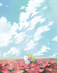 Rule 34 | closed mouth, cloud, commentary, creatures (company), day, field, flower, flower field, from side, game freak, gen 4 pokemon, highres, legendary pokemon, looking up, mokuzou (moku ssbu), mythical pokemon, nintendo, no humans, outdoors, pink flower, pokemon, pokemon (creature), shaymin, shaymin (land), signature, sky, solo, symbol-only commentary