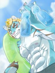 Rule 34 | 1boy, abs, animal ears, aoi tachi0, bara, blue sky, claws, cloud, cloudy sky, commentary request, drink, furry, furry male, hair over one eye, highres, holding, holding drink, innertube, live a hero, looking at viewer, male focus, pawpads, pectorals, ramune, sky, smile, sparkle, summer, swim ring, tail, thick eyebrows, tiger boy, tiger ears, tiger stripes, tiger tail, topless male, water drop