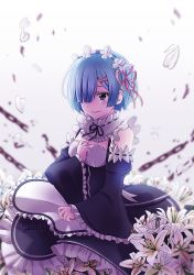 Rule 34 | 10s, 1girl, apron, artist name, bad id, bad pixiv id, black dress, black ribbon, blue hair, blurry, blurry background, blush, breasts, broken, broken chain, chain, cleavage, closed mouth, collar, commentary, depth of field, detached collar, detached sleeves, dress, flower, frilled apron, frilled collar, frilled dress, frilled sleeves, frills, hair ornament, hair over one eye, hair ribbon, hairband, hand on own chest, juliet sleeves, long sleeves, looking away, maid, petals, pink ribbon, puffy sleeves, purple eyes, purple hairband, re:zero kara hajimeru isekai seikatsu, rem (re:zero), ribbon, ribbon-trimmed clothes, ribbon trim, saruei, short hair, small breasts, solo, white apron, white flower, wide sleeves, x hair ornament