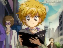 Rule 34 | 1990s (style), 1girl, 2boys, backpack, bag, blonde hair, blue sky, book, brenni murasaki, brown eyes, brown hair, building, closed mouth, death note, death tome, disco stu, facial hair, holding, holding book, jewelry, lisa simpson, multiple boys, mustache, necklace, ned flanders, open book, pearl necklace, retro artstyle, sky, smile, sunglasses, the simpsons, upper body, urban