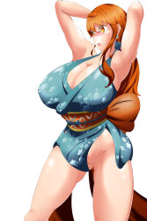 Rule 34 | 1girl, absurdres, breasts, highres, huge breasts, japanese clothes, kimono, long hair, nami (one piece), one piece, orange hair, sitting