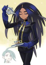 Rule 34 | 2girls, black hair, black jacket, black pants, blue gloves, blue shirt, buttons, closed eyes, closed mouth, creatures (company), cup, double-breasted, eyelashes, game freak, geeta (pokemon), gloves, highres, holding, holding saucer, holding teapot, jacket, long hair, long sleeves, lvetica, multiple girls, neck ribbon, nintendo, pants, pokemon, pokemon sv, pouring, ribbon, rika (pokemon), saucer, shirt, smile, teacup, teapot, yellow ribbon