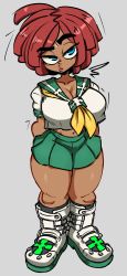 Rule 34 | 1girl, arc system works, arms behind back, blue eyes, boots, breasts, cleavage, dark-skinned female, dark skin, giovanna (guilty gear), guilty gear, guilty gear strive, handkerchief, highres, jellot, large breasts, red hair, shirt, shoes, skirt, socks, thick thighs, thighs