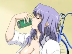 Rule 34 | akibakei kanojo, alcohol, animated, animated gif, beer, breasts, cleavage, drinking, drunk, closed eyes, hatoko konoha, open clothes, open shirt, purple hair, screencap, shirt, sleeves rolled up