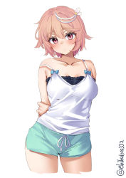Rule 34 | 1girl, alternate costume, aqua shorts, arms behind back, bare shoulders, breasts, camisole, cropped legs, ebifurya, grabbing own arm, hair ornament, highres, i-58 (kancolle), kantai collection, medium breasts, open mouth, pink eyes, pink hair, short hair, shorts, simple background, solo, strap slip, twitter username, white background, white camisole