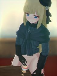 Rule 34 | 1girl, blonde hair, blue eyes, bottomless, cup, fate/grand order, fate (series), female pubic hair, highres, looking down, lord el-melloi ii case files, peeing, peeing in cup, pubic hair, pussy, reines el-melloi archisorte, riba, solo, standing, teacup, uncensored