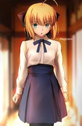 Rule 34 | 1girl, ahoge, aqua eyes, artoria pendragon (all), artoria pendragon (fate), bad id, bad pixiv id, black pantyhose, black ribbon, fate/stay night, fate (series), hair ribbon, highres, looking at viewer, magicians (zhkahogigzkh), pantyhose, parted lips, ribbon, saber (fate), skirt, solo