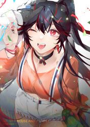 1girl 1other :d absurdres alternate_costume black_hair breasts cino_(cappuccino) commandant_(pgr) commentary_request cowboy_shot crop_top earrings fingernails hair_ornament hand_up headpat highres jewelry long_hair lucia_(pgr) multicolored_hair nail_polish one_eye_closed open_mouth orange_shirt pov pov_hands punishing:_gray_raven red_eyes shirt shorts small_breasts smile streaked_hair teeth upper_teeth_only very_long_hair watermark white_shorts x_hair_ornament