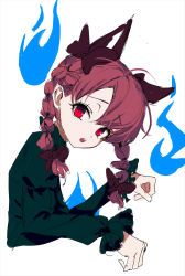 Rule 34 | 1girl, :o, animal ears, blue fire, bow, braid, brown bow, cat ears, cropped torso, extra ears, eyelashes, fire, from side, garter straps, hair between eyes, hair bow, hair ribbon, hands up, head tilt, highres, hitodama, kaenbyou rin, looking at viewer, neetsr, one-hour drawing challenge, open mouth, paw pose, red eyes, red hair, ribbon, simple background, slit pupils, solo, teeth, touhou, tress ribbon, twin braids, twintails, upper body, upper teeth only, white background