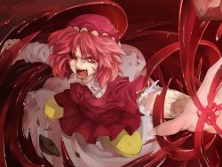 Rule 34 | 1girl, angry, blood, crying, crying with eyes open, female focus, hat, kawashiro mitori, layered sleeves, morino hon, original, pink hair, red eyes, skirt, solo, tears, touhou
