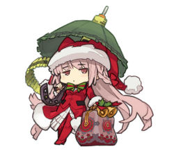 Rule 34 | 1girl, animal ears, animal hat, bell, braid, brown eyes, chibi, closed mouth, commentary request, fake animal ears, fate/grand order, fate (series), florence nightingale (fate), florence nightingale (santa) (fate), full body, fur-trimmed headwear, fur trim, green umbrella, hat, high heels, holding, holding umbrella, itsuki tasuku, jacket, long hair, long sleeves, looking at viewer, pantyhose, pink hair, red footwear, red hat, red jacket, red pantyhose, santa hat, shoes, simple background, solo, standing, umbrella, very long hair, white background