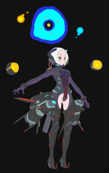 Rule 34 | 1girl, aqua eyes, black background, black bodysuit, blonde hair, blue eyes, bodysuit, breasts, character request, closed mouth, covered navel, enkyo yuuichirou, full body, grey hair, headgear, heterochromia, highres, jet engine, orange eyes, outstretched arms, personification, r-type, short hair, simple background, small breasts, solo, spread arms