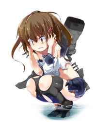 Rule 34 | 10s, 1girl, brown eyes, brown hair, crying, crying with eyes open, hair ornament, hairclip, ikazuchi (kancolle), kantai collection, mamo williams, midriff, open mouth, personification, pleated skirt, scared, school uniform, serafuku, short hair, skirt, solo, tears, thighhighs, torn clothes, zettai ryouiki