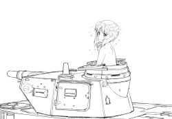 Rule 34 | 10s, 1girl, a1 (initial-g), blush, breasts, closed mouth, commentary request, foam, from side, girls und panzer, greyscale, looking away, medium breasts, military, military vehicle, monochrome, motor vehicle, nishizumi miho, panzer iv, sketch, solo, tank, topless