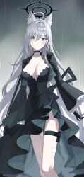 Rule 34 | 1girl, absurdres, ahoge, animal ear fluff, animal ears, black dress, black halo, blue archive, blue eyes, breasts, cleavage, cross hair ornament, dress, feet out of frame, gradient background, grey background, hair ornament, halo, highres, long hair, long sleeves, looking at viewer, medium breasts, rain, shiroko (blue archive), shiroko terror (blue archive), solo, standing, thigh strap, thighs, yuzu-aki