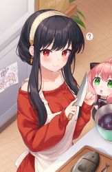Rule 34 | 2girls, ?, ahoge, anya (spy x family), bad food, bare shoulders, black dress, black hair, breasts, censored, censored food, child&#039;s drawing, collarbone, commentary, cone hair bun, dress, english commentary, fish, food, green eyes, hair bun, hairband, highres, holding, holding knife, knife, large breasts, long hair, moorina, mosaic censoring, multiple girls, pink hair, red sweater, short sleeves, smile, speech bubble, spy x family, sweater, yor briar