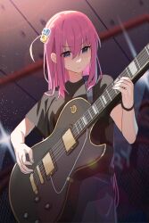 Rule 34 | 1girl, absurdres, black shirt, blue eyes, bocchi the rock!, cube hair ornament, electric guitar, gibson les paul, gotoh hitori, grey skirt, guitar, hair between eyes, hair ornament, highres, holding, holding instrument, instrument, jiki (gkdlfnzo1245), long hair, music, one side up, pink hair, playing instrument, pleated skirt, shirt, skirt, solo, sweat