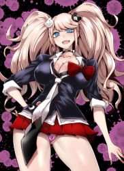 Rule 34 | 1girl, bear hair ornament, black shirt, blonde hair, blue eyes, bow, breasts, cleavage, danganronpa (series), enoshima junko, gggg, hair ornament, highres, large breasts, looking at viewer, necktie, open mouth, pleated skirt, red bow, red skirt, shirt, skirt, solo, twintails