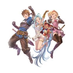 Rule 34 | 1boy, 2girls, :d, absurdly long hair, ahoge, armor, blonde hair, blue eyes, blue hair, boots, breastplate, brown hair, djeeta (granblue fantasy), dress, frills, full body, gloves, gran (granblue fantasy), granblue fantasy, hairband, highres, hood, hoodie, light blue hair, long hair, lyria (granblue fantasy), multiple girls, non-web source, official art, one eye closed, open mouth, ribbon, short hair, smile, sword, thigh boots, thighhighs, transparent background, very long hair, vyrn (granblue fantasy), weapon