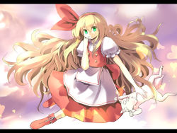 Rule 34 | 1girl, \n/, bad id, bad pixiv id, blonde hair, blush, bow, cat, cloud, cloudy sky, culter, dress, ellen (touhou), female focus, green eyes, hair bow, hair ribbon, hand on own face, heart, large bow, letterboxed, long hair, pc98, phantasmagoria of dim.dream, red dress, red footwear, ribbon, shoes, short sleeves, sky, sokrates (touhou), touhou, touhou (pc-98), very long hair, white cat