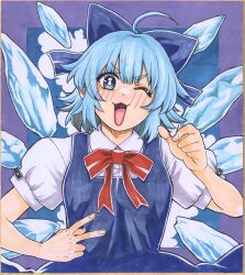 Rule 34 | 1girl, ;3, absurdres, ahoge, blue background, blue bow, blue dress, blue eyes, blue hair, blush, bow, bright pupils, cirno, collared shirt, detached wings, dress, hair bow, highres, looking at viewer, matsuri kyuuta, one eye closed, open mouth, pinafore dress, pointing, pointing at self, puffy short sleeves, puffy sleeves, purple background, red bow, shirt, short sleeves, sleeveless, sleeveless dress, solo, touhou, two-tone background, upper body, v, v-shaped eyebrows, white pupils, white shirt, wings