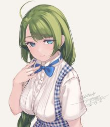 Rule 34 | 1girl, artist name, blue eyes, blush, braid, buttons, closed mouth, collared shirt, dated, green hair, grey background, highres, kantai collection, kobeya uniform, long hair, mole, mole under mouth, rokuwata tomoe, shirt, signature, simple background, single braid, smile, solo, twitter username, upper body, white shirt, yuugumo (kancolle)