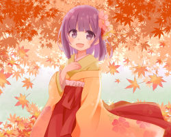 Rule 34 | 1girl, :d, asaba hiromu, floral print, flower, green kimono, hair flower, hair ornament, hakama, hand on own chest, hieda no akyuu, highres, japanese clothes, kimono, leaf, long sleeves, looking at viewer, maple leaf, open mouth, outdoors, pink flower, purple eyes, purple hair, red hakama, short hair, smile, solo, touhou, upper body, wide sleeves