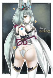 Rule 34 | 1girl, ;), animal ears, ass, back, bad id, bad pixiv id, bare back, butt crack, cat ears, character name, closed mouth, copyright name, facial mark, ishiki, long hair, low twintails, nia (blade) (xenoblade), nia (xenoblade), nintendo, niyah, one eye closed, silver hair, smile, solo, spoilers, thighhighs, twintails, very long hair, white thighhighs, xenoblade chronicles (series), xenoblade chronicles 2