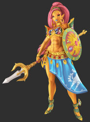 Rule 34 | 1girl, 3d, abs, arabian clothes, armor, artist request, bare shoulders, beige skin, black background, bracelet, breasts, earrings, full body, gold, green eyes, heels, holding, holding weapon, jewelry, lips, lipstick, long hair, makeup, medium breasts, muscular, muscular female, nintendo, pointy ears, polearm, red hair, serious, shield, skirt, spear, the legend of zelda, the legend of zelda: breath of the wild, urbosa, weapon
