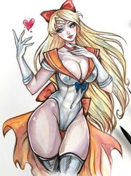 1girl aino_minako bishoujo_senshi_sailor_moon blackfuryart blonde_hair blue_eyes bow breasts cleavage gloves heart highleg highleg_leotard large_breasts leotard lips long_hair red_bow sailor_venus short_sleeves third-party_edit very_long_hair white_background