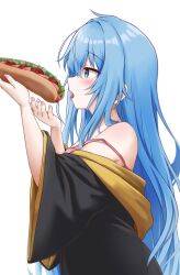 Rule 34 | 1girl, absurdres, black jacket, blue eyes, blue hair, blush, breasts, elie wayne, from side, hair between eyes, highres, hot dog, jacket, jan azure, large breasts, long hair, long sleeves, off shoulder, open mouth, original, pink nails, pink tank top, sexually suggestive, sidelocks, simple background, solo, strap slip, tank top, upper body, white background