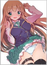 Rule 34 | 1girl, arm up, black thighhighs, blonde hair, blue panties, blue vest, blush, border, bow, bow panties, caburi, character request, clothes lift, commentary request, copyright request, crotch seam, dress shirt, frilled skirt, frills, green eyes, green skirt, grey border, high collar, long hair, long sleeves, looking at viewer, miniskirt, neck ribbon, open mouth, panties, pantyshot, plaid, plaid skirt, ribbon, shirt, side-tie panties, skirt, skirt lift, smile, solo, striped clothes, striped panties, sweatdrop, thigh strap, thighhighs, underwear, vest, white shirt