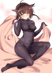 Rule 34 | 10s, 1girl, 2017, ahoge, blanket, blunt bangs, blush, breasts, brown hair, closed mouth, corset, covered erect nipples, dated, full body, half-closed eyes, hatsuzuki (kancolle), highres, holding, kantai collection, legs, looking at viewer, medium breasts, sasachin (k+w), short hair, signature, sitting, smile, solo, twitter username, yellow eyes