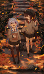 Rule 34 | 2girls, :d, absurdres, ahoge, autumn leaves, bag, black footwear, black headwear, blue hair, brown hair, brown legwear, brown skirt, brown sweater, closed eyes, collared shirt, commentary, english commentary, facing another, from above, full body, ganyu (genshin impact), genshin impact, goat horns, hair between eyes, hat, highres, holding, holding bag, horns, hu tao (genshin impact), kneehighs, loafers, long hair, long sleeves, looking up, multiple girls, neck ribbon, open mouth, plaid, plaid skirt, pleated skirt, purple eyes, red ribbon, resolution mismatch, ribbon, round teeth, school uniform, shirt, shoes, signature, skirt, smile, socks, source larger, standing, starsd, sweater, teeth, thighhighs, upper teeth only, very long hair, white legwear, wind