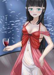 Rule 34 | 1girl, aqua eyes, artist name, artist request, bare shoulders, black hair, blunt bangs, bow, breasts, brown bow, cleavage, collarbone, cup, dress, dress bow, drinking glass, female focus, green eyes, hair ornament, hairclip, half-closed eyes, hand on own hip, highres, hime cut, holding, holding drinking glass, kurosawa dia, long hair, looking at viewer, love live!, love live! sunshine!!, mole, mole under mouth, red dress, sleeveless, sleeveless dress, small breasts, solo, white dress