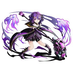 Rule 34 | 10s, 1girl, black dress, claudy, cloudy (divine gate), collar, divine gate, dress, elbow gloves, floating hair, frilled dress, frills, full body, gloves, grin, hair between eyes, hair ornament, hairclip, holding, holding weapon, looking at viewer, official art, pink eyes, purple gloves, purple hair, short hair, smile, solo, transparent background, ucmm, weapon, wezaadoriizu