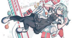 Rule 34 | 1girl, 2018, ahoge, black dress, black pantyhose, blue hair, blush, breasts, candy, candy cane, china railway girl, christmas, closed mouth, commentary request, dress, food, gift, gingerbread man, green eyes, huanxiang huifeng, large breasts, looking at viewer, lying, on back, one side up, pantyhose, puffy short sleeves, puffy sleeves, shoes, short dress, short hair, short sleeves, smile, solo, white footwear, wristband
