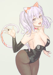 Rule 34 | 10s, 1girl, :d, alternate costume, animal ears, arched back, bare shoulders, bell, beret, black leotard, black pantyhose, blush, breasts, brown pantyhose, cat ears, choker, cleavage, clothing cutout, collar, collarbone, cowboy shot, detached sleeves, elbow gloves, eyebrows, fake animal ears, fake tail, from above, gloves, grey eyes, hair between eyes, hair ornament, hat, highres, jewelry, kantai collection, kashima (kancolle), kittysuit, large breasts, leaning forward, legs together, leotard, looking at viewer, neck bell, nontraditional playboy bunny, open mouth, palms, pantyhose, pink lips, ring, simple background, smile, solo, strapless, strapless leotard, striped, tail, tail through clothes, teeth, two side up, white hair, yuuji (and)